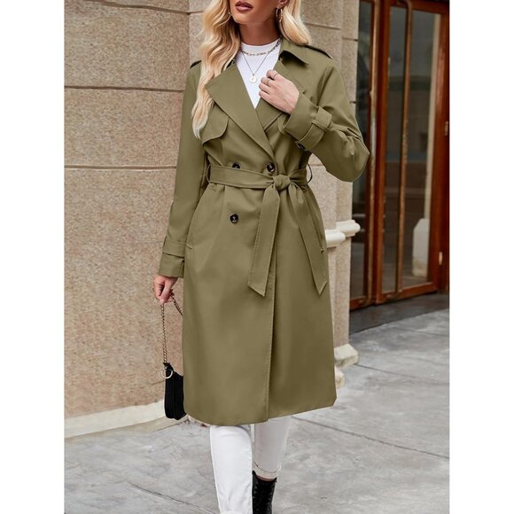 Women's Army Green Double Breasted Causal Windproof Long l Pocketed Trench Coats - Picture 3 of 5